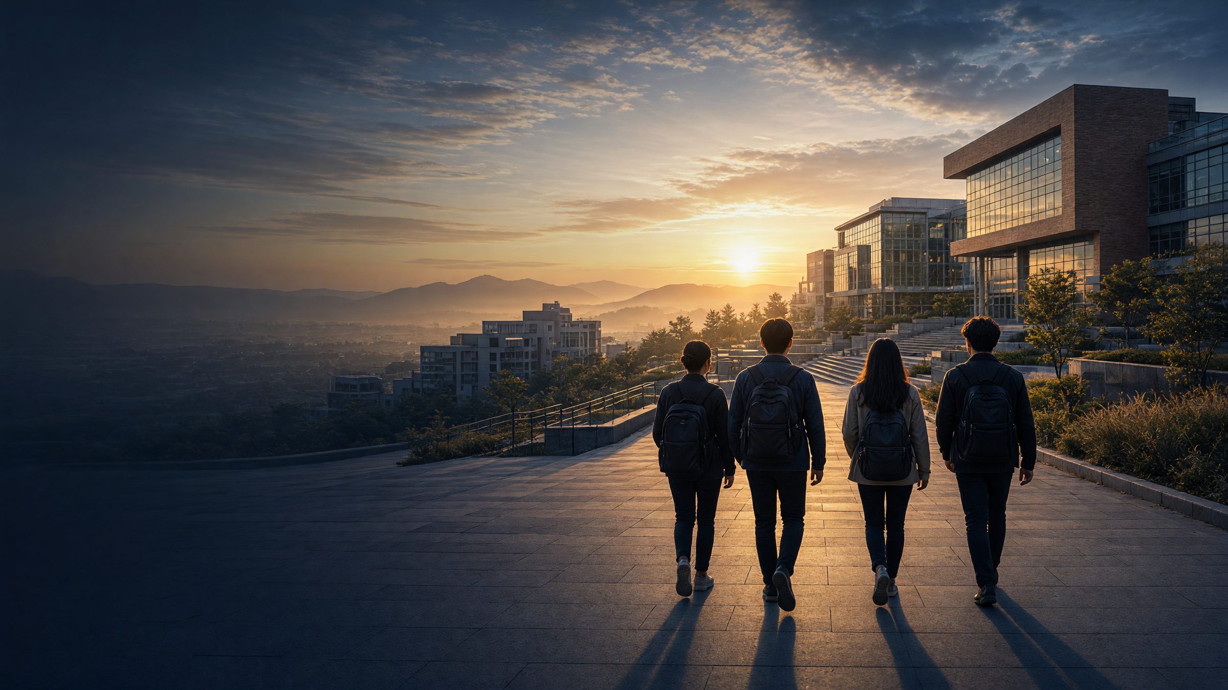 Graduate students walking toward a hillside campus at sunrise