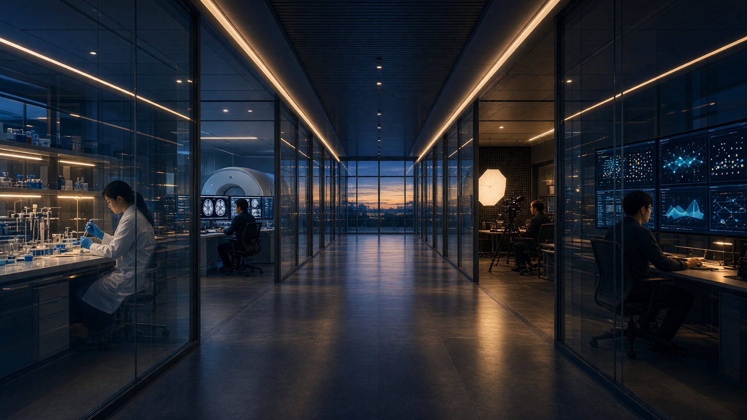 A research corridor lined with genomics, medical imaging, media and data analytics labs