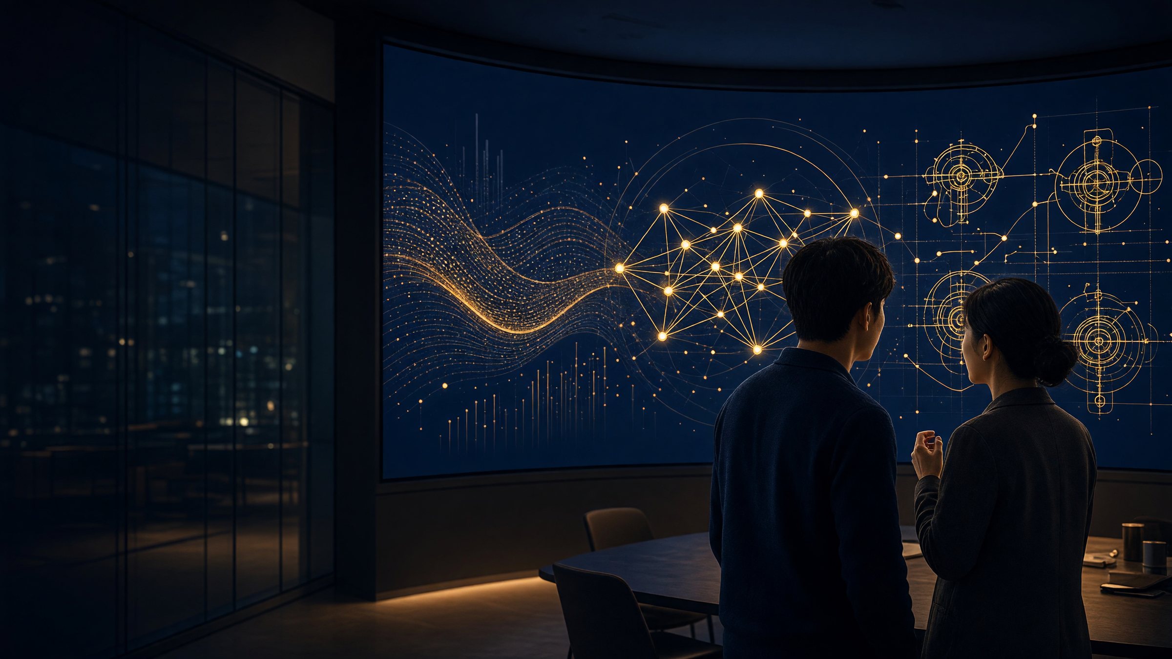 Graduate researchers discussing citation networks and patent diagrams on a large display