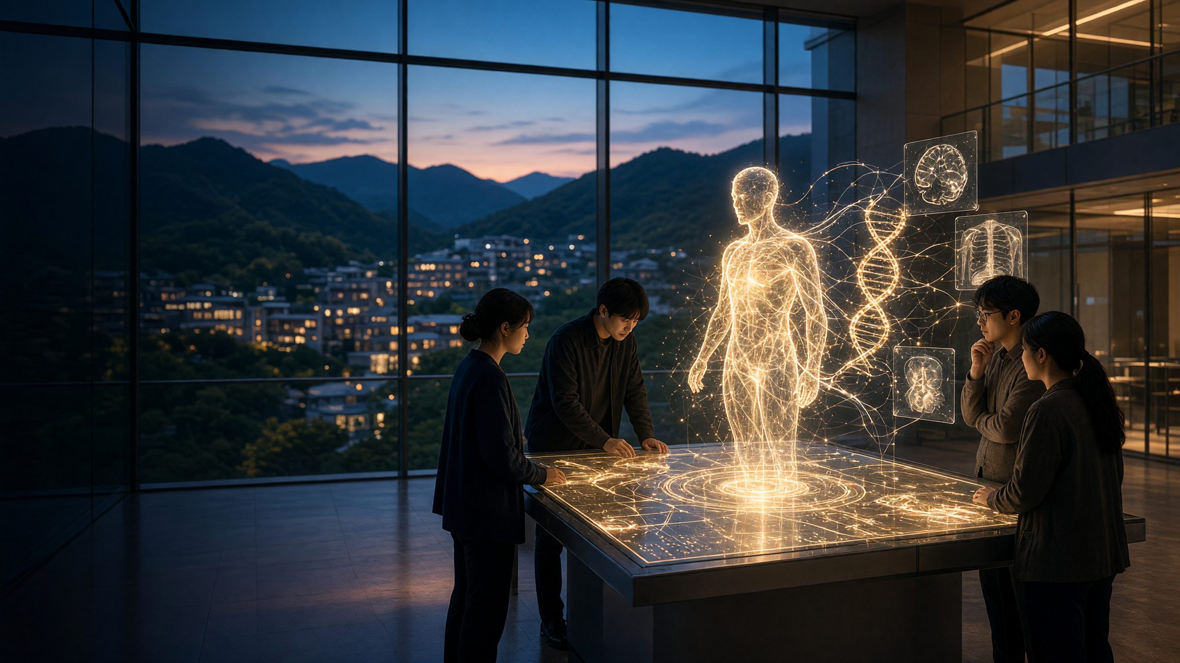 Graduate researchers examining a holographic human body, DNA and medical imaging data